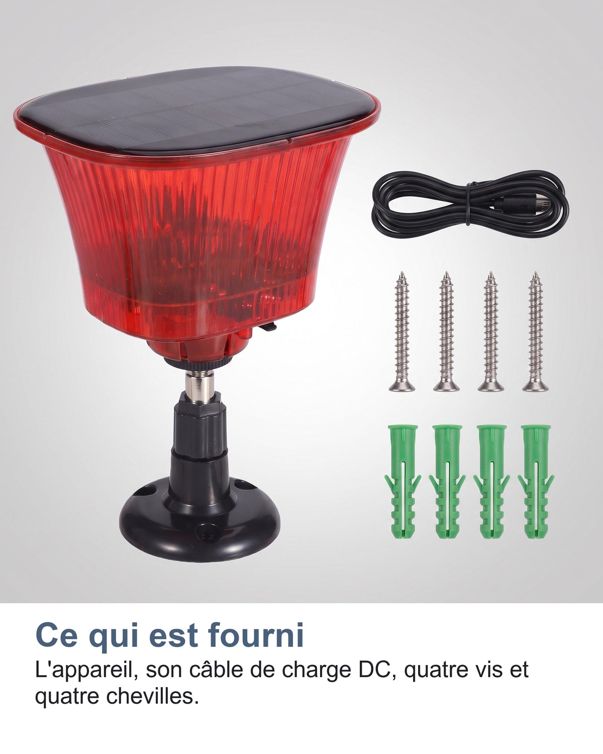 Ce qui est fourni L'appareil, son câble de charge DC, quatre vis et quatre chevilles.