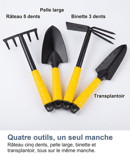 Quatre outils, un seul manche Râteau cinq dents, pelle large, binette et transplantoir, tous sur le même manche.
