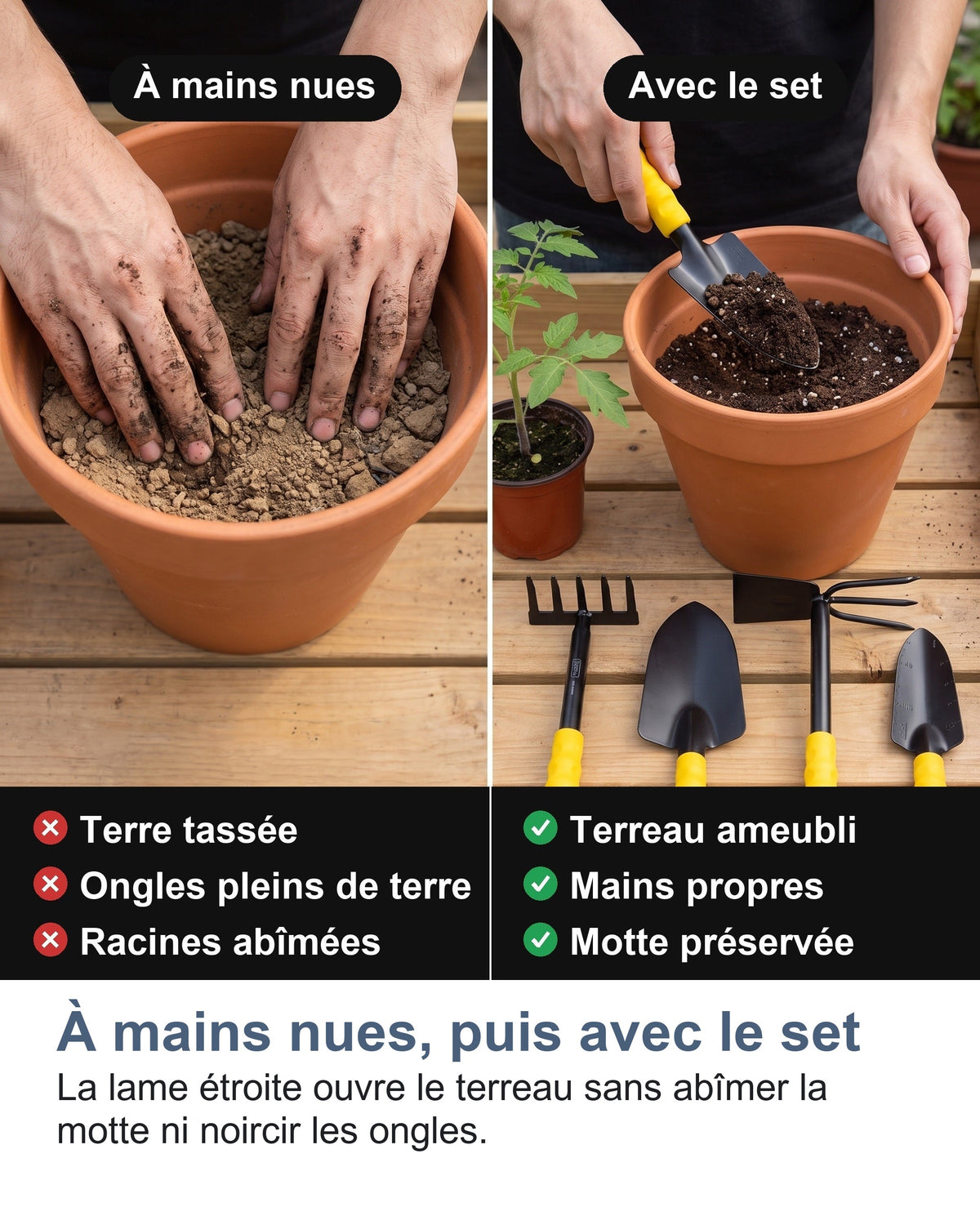 À mains nues, puis avec le set La lame étroite ouvre le terreau sans abîmer la motte ni noircir les ongles.