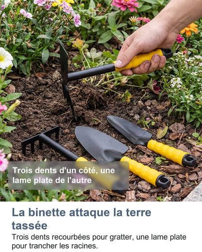 La binette attaque la terre tassée Trois dents recourbées pour gratter, une lame plate pour trancher les racines.