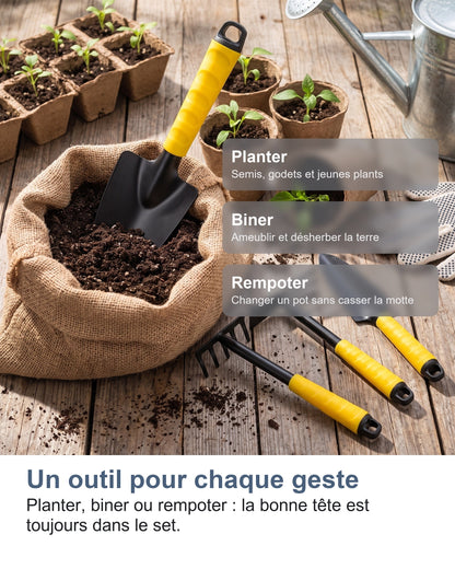 Un outil pour chaque geste Planter, biner ou rempoter : la bonne tête est toujours dans le set.