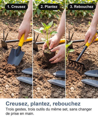 Creusez, plantez, rebouchez Trois gestes, trois outils du même set, sans changer de prise en main.