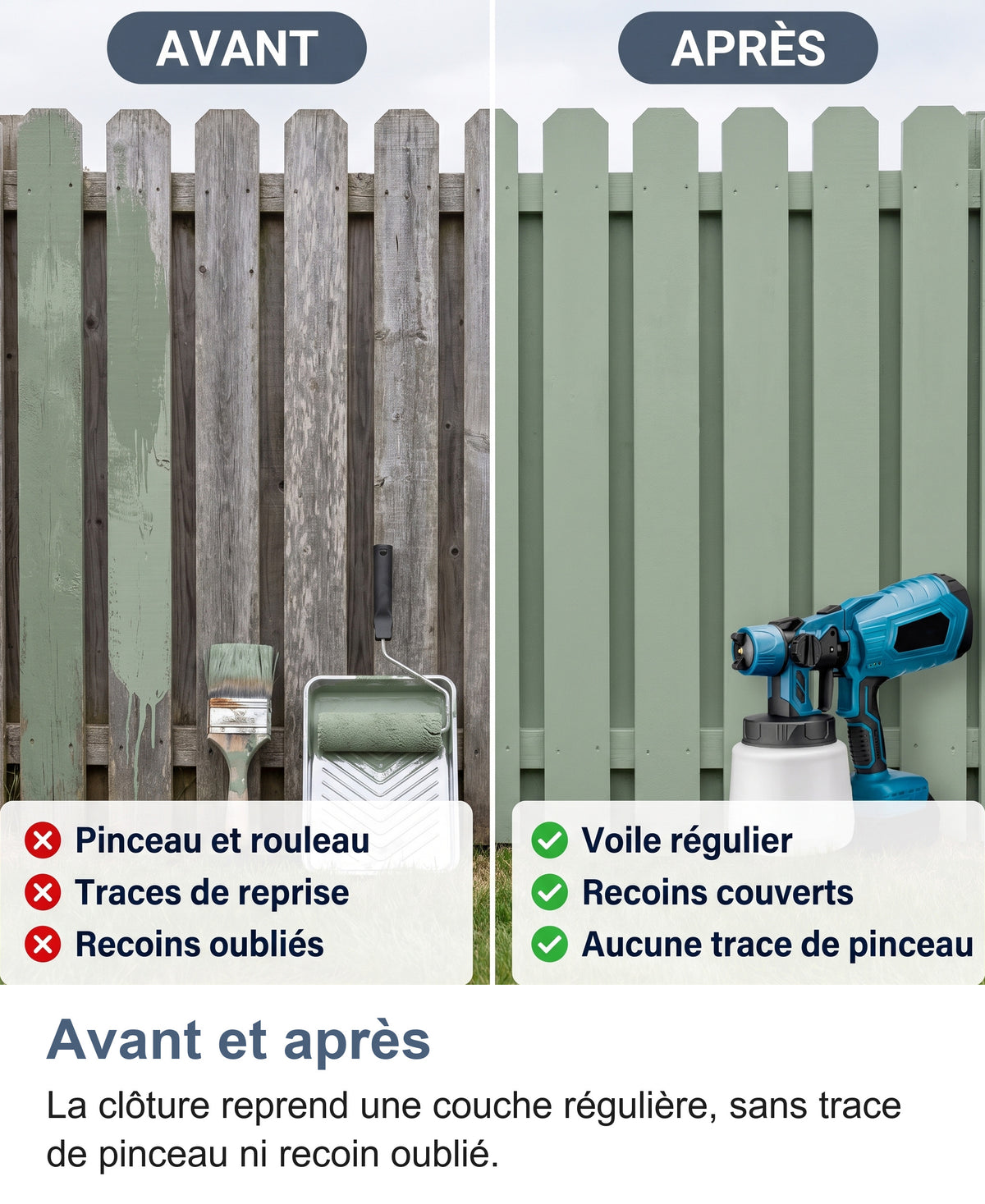 Avant et après : clôture en bois brute puis peinte au pistolet