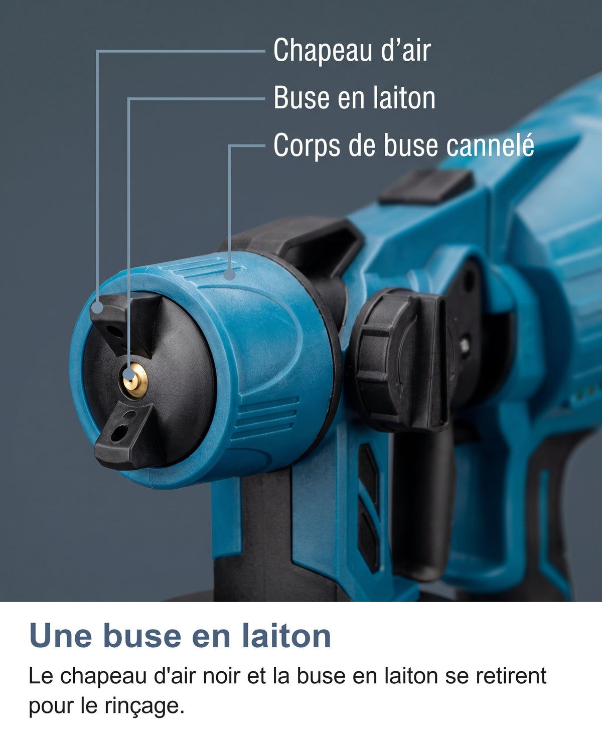 Macro de la buse en laiton et du chapeau d'air du pistolet à peinture