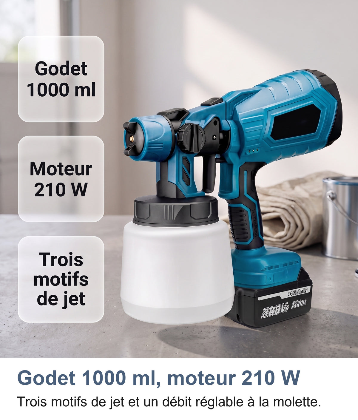 Godet 1000 ml, moteur 210 W et trois motifs de jet