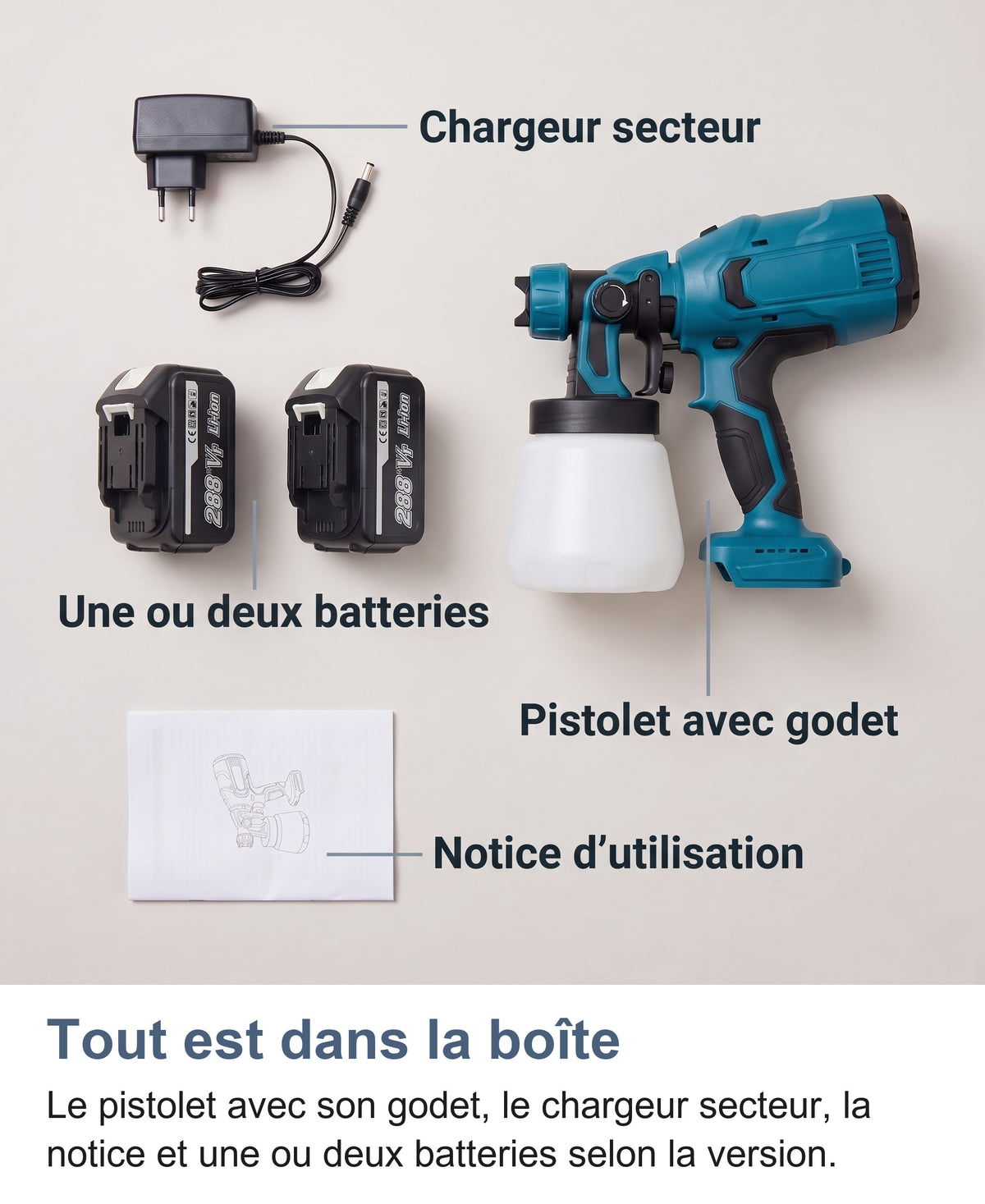 Contenu du coffret : pistolet, godet, chargeur, batteries et notice