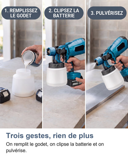 Remplir le godet, clipser la batterie et pulvériser en trois étapes