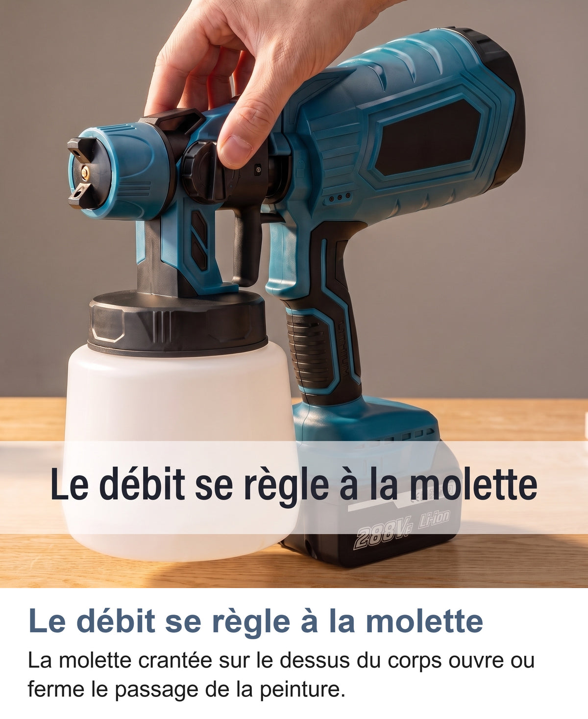 Gros plan sur la molette de réglage du débit du pistolet à peinture