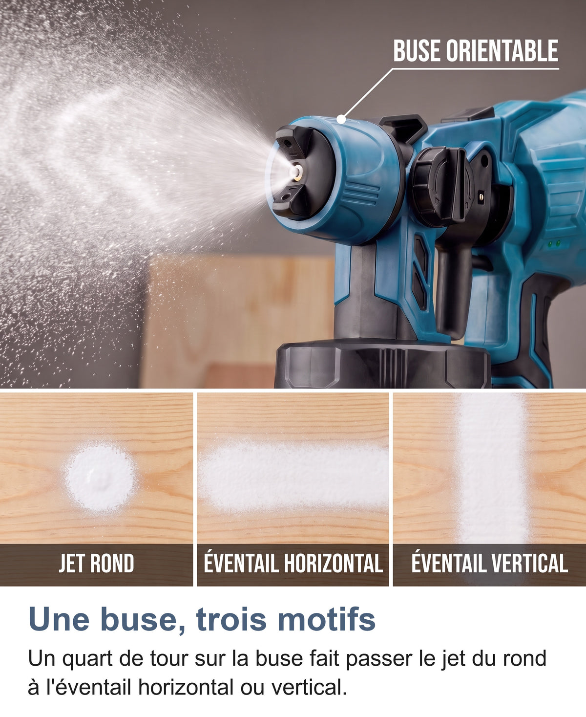 Buse du pistolet à peinture en gros plan et ses trois motifs de jet : rond, éventail horizontal, éventail vertical