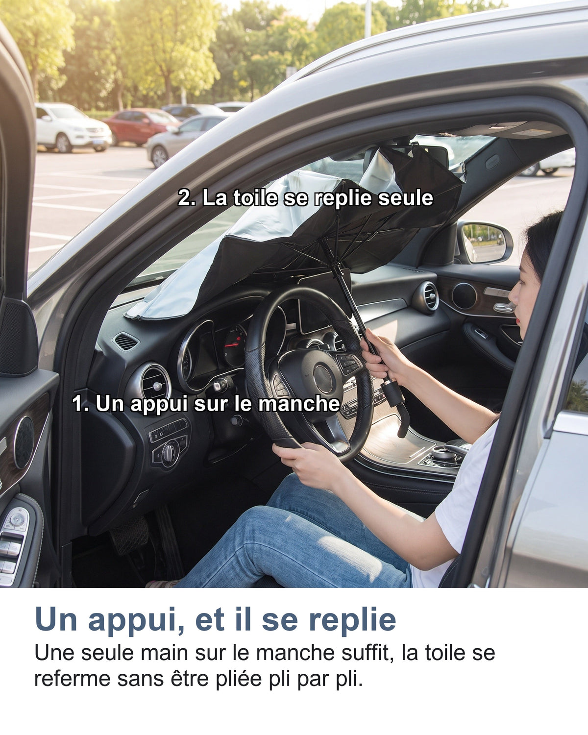 Un appui, et il se replie Une seule main sur le manche suffit, la toile se referme sans être pliée pli par pli.