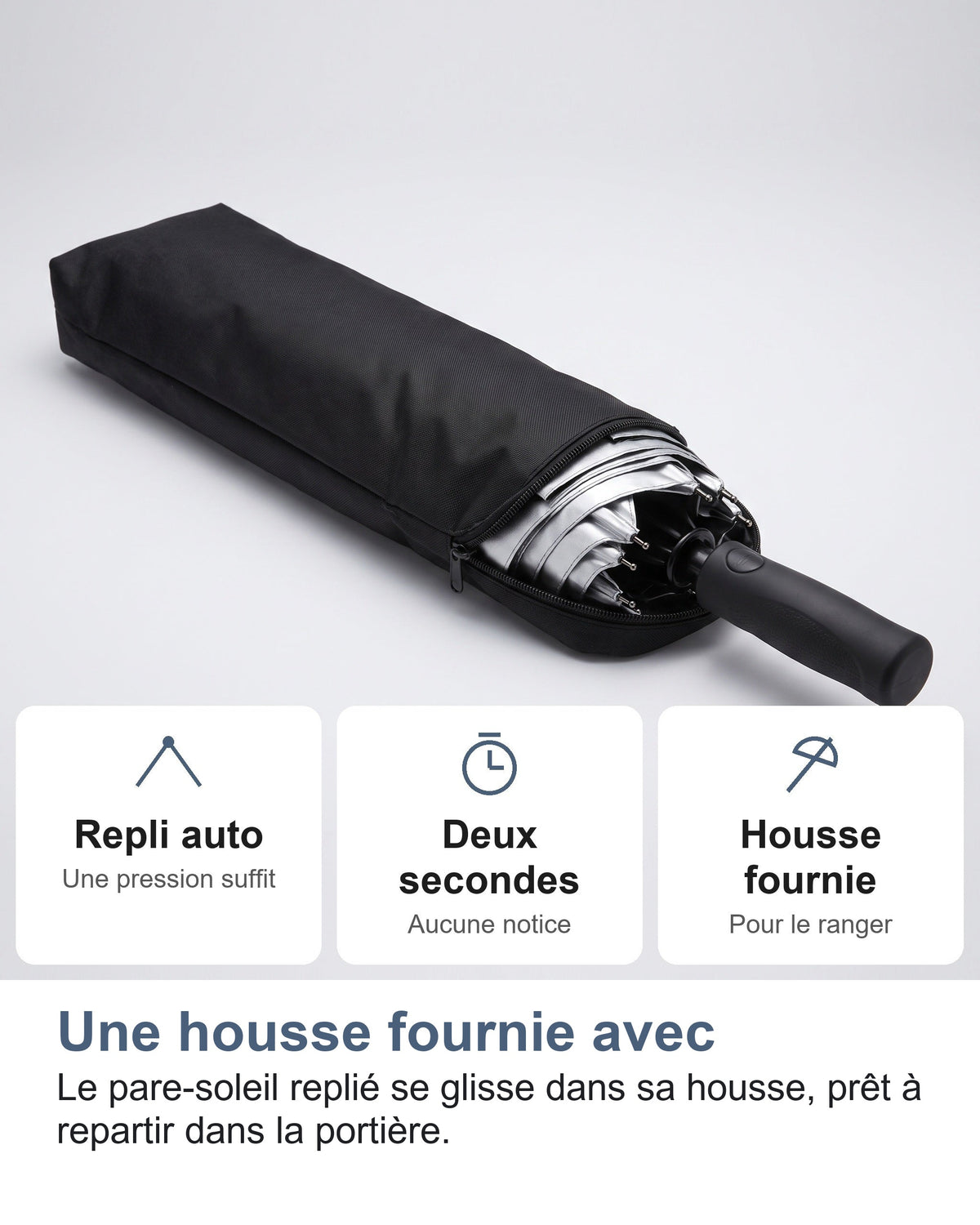 Une housse fournie avec Le pare-soleil replié se glisse dans sa housse, prêt à repartir dans la portière.