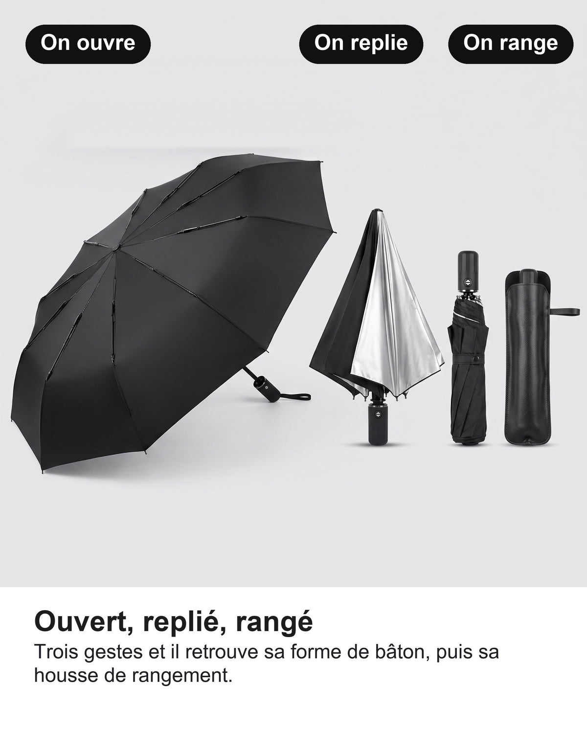Ouvert, replié, rangé Trois gestes et il retrouve sa forme de bâton, puis sa housse de rangement.