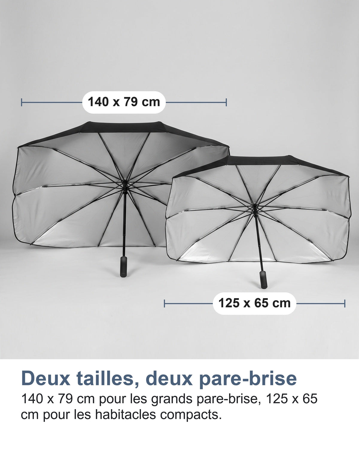 Deux tailles, deux pare-brise 140 x 79 cm pour les grands pare-brise, 125 x 65 cm pour les habitacles compacts.
