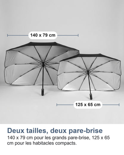 Deux tailles, deux pare-brise 140 x 79 cm pour les grands pare-brise, 125 x 65 cm pour les habitacles compacts.