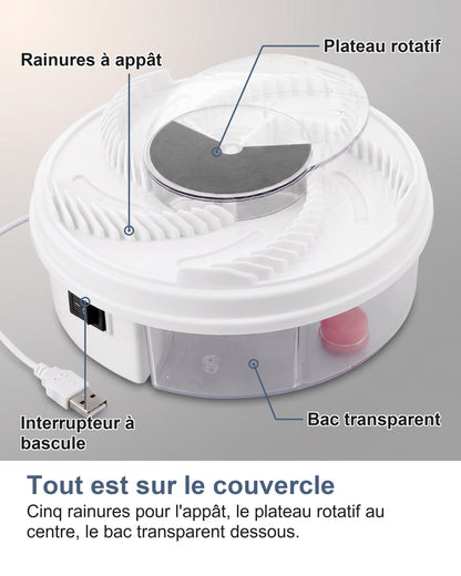 Tout est sur le couvercle Cinq rainures pour l'appât, le plateau rotatif au centre, le bac transparent dessous.