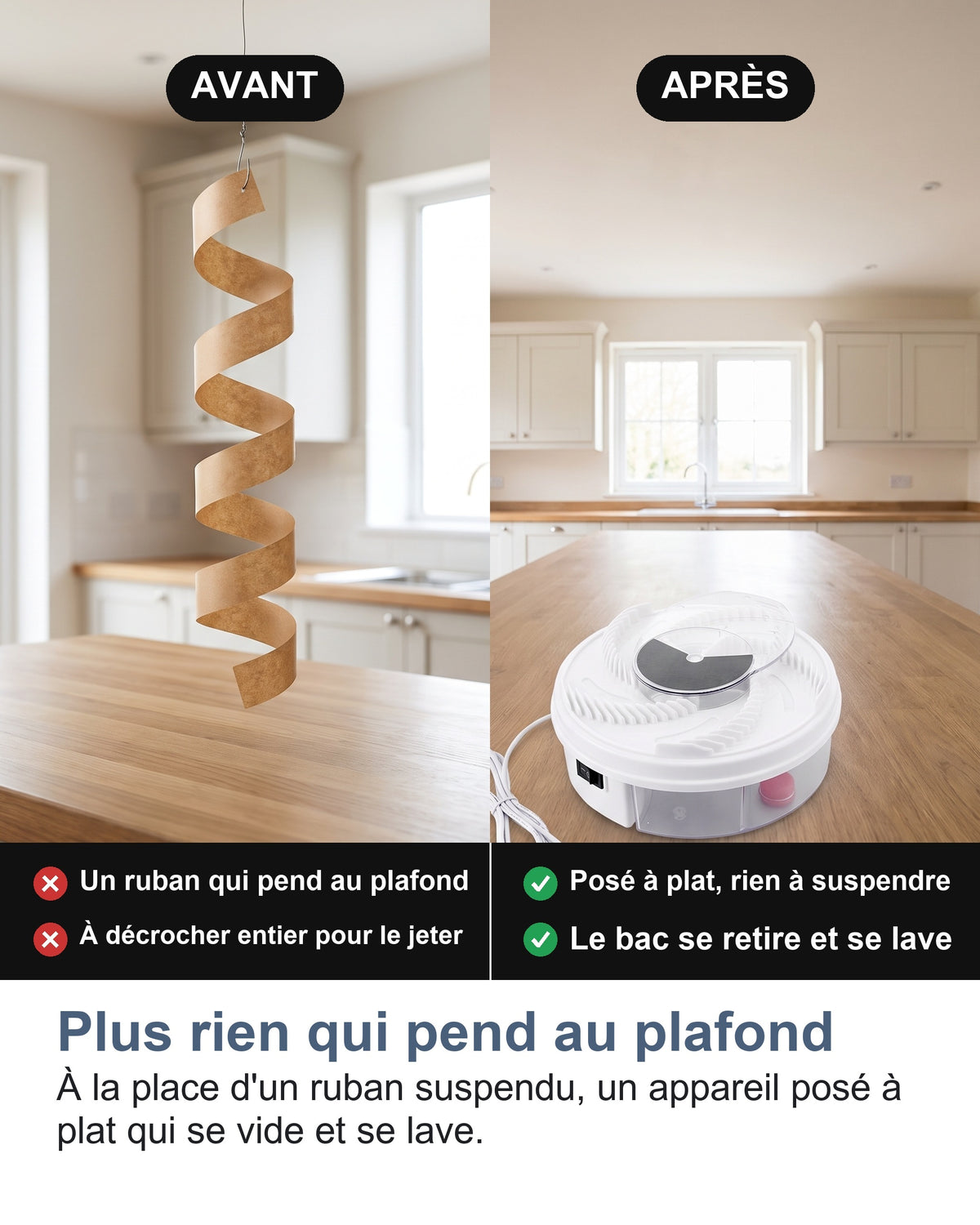 Plus rien qui pend au plafond À la place d'un ruban suspendu, un appareil posé à plat qui se vide et se lave.