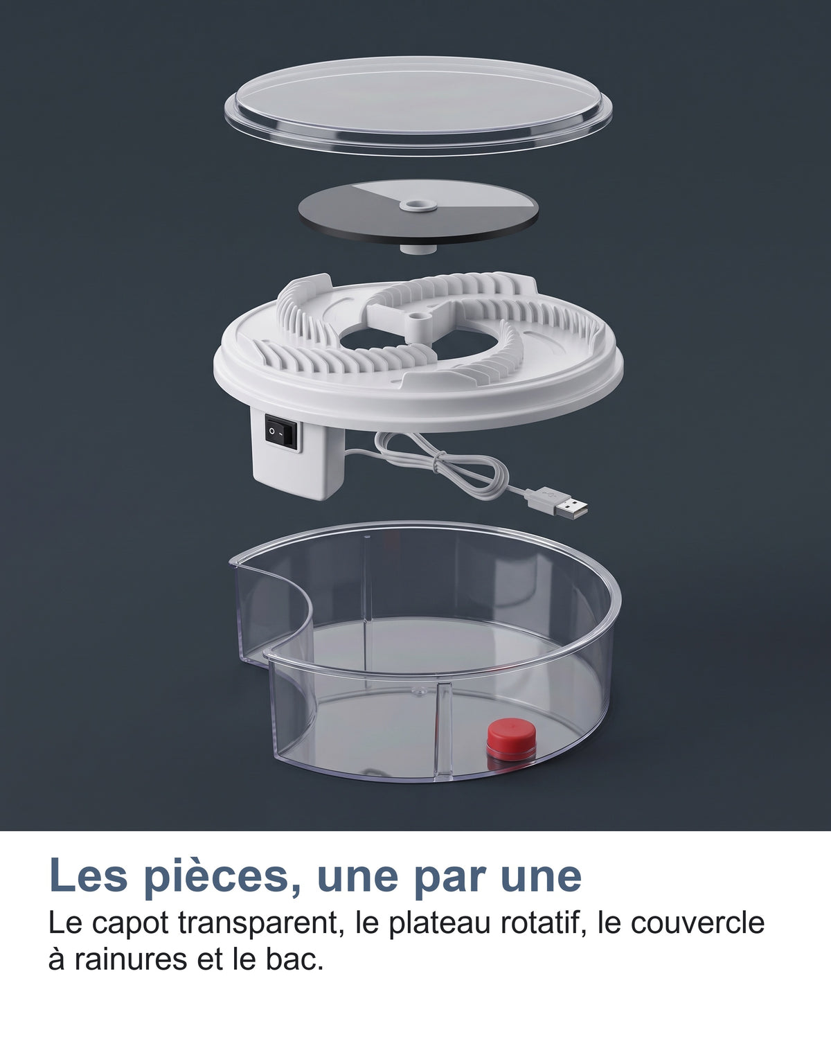 Les pièces, une par une Le capot transparent, le plateau rotatif, le couvercle à rainures et le bac.