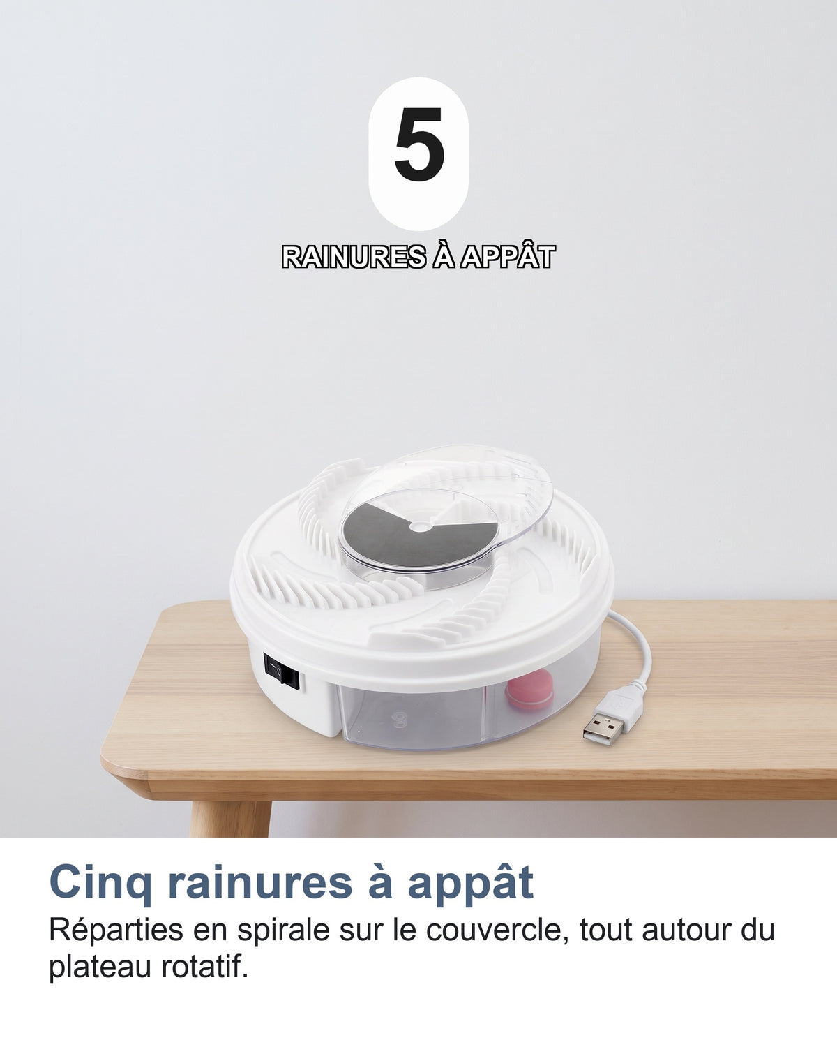 Cinq rainures à appât Réparties en spirale sur le couvercle, tout autour du plateau rotatif.