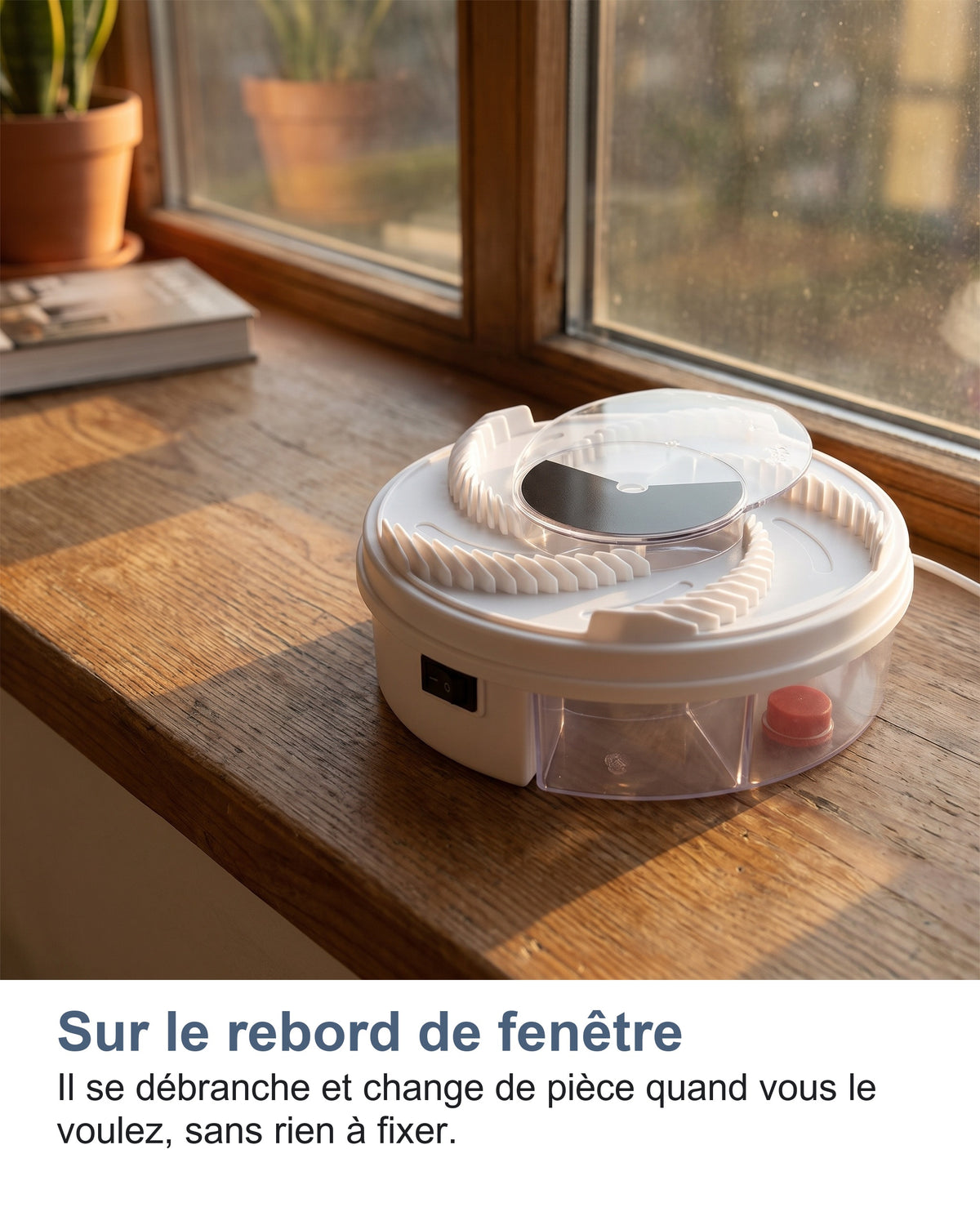 Sur le rebord de fenêtre Il se débranche et change de pièce quand vous le voulez, sans rien à fixer.