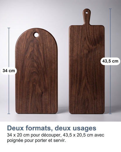 Deux formats, deux usages 34 x 20 cm pour découper, 43,5 x 20,5 cm avec poignée pour porter et servir.