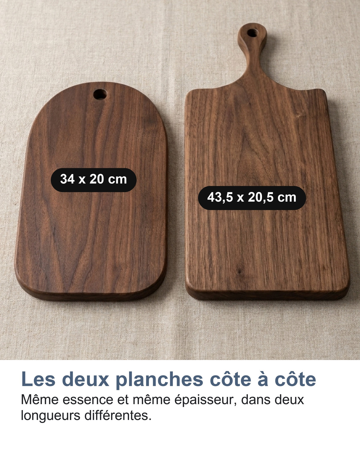 Les deux planches côte à côte Même essence et même épaisseur, dans deux longueurs différentes.