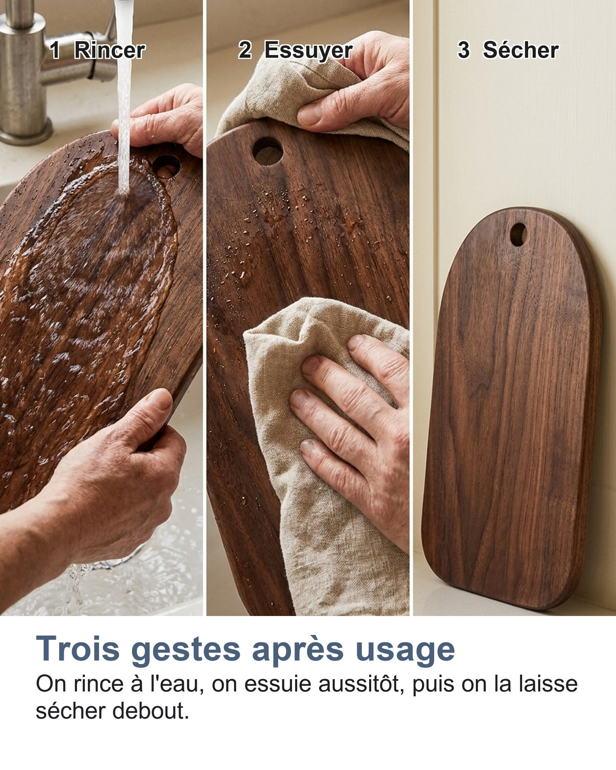Trois gestes après usage On rince à l'eau, on essuie aussitôt, puis on la laisse sécher debout.