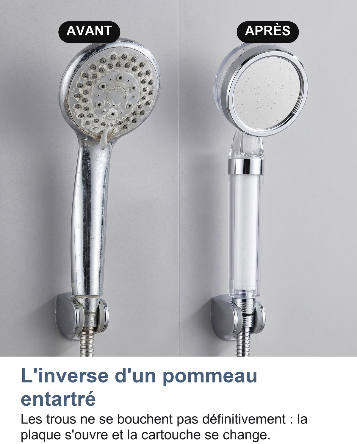 Pommeau entartré et pommeau filtrant côte à côte