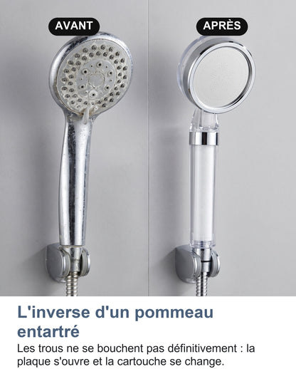 Pommeau entartré et pommeau filtrant côte à côte