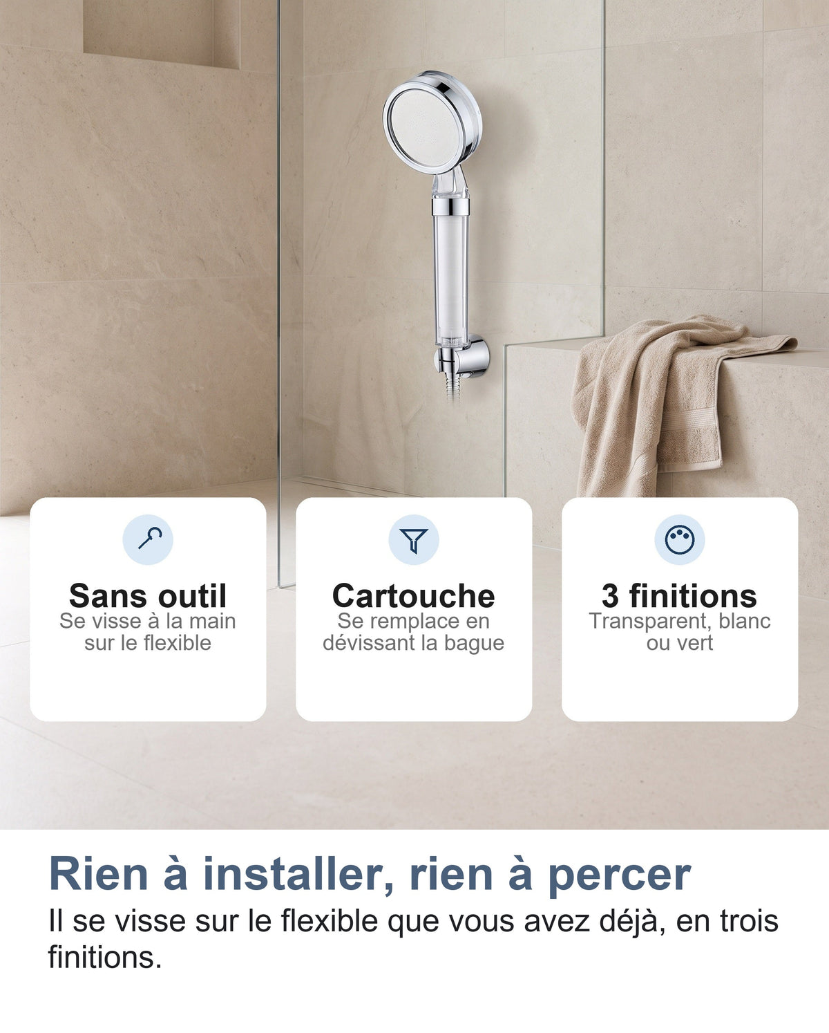 Le pommeau de douche filtrant sur son support