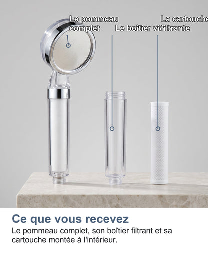 Le pommeau de douche filtrant, son boîtier et sa cartouche