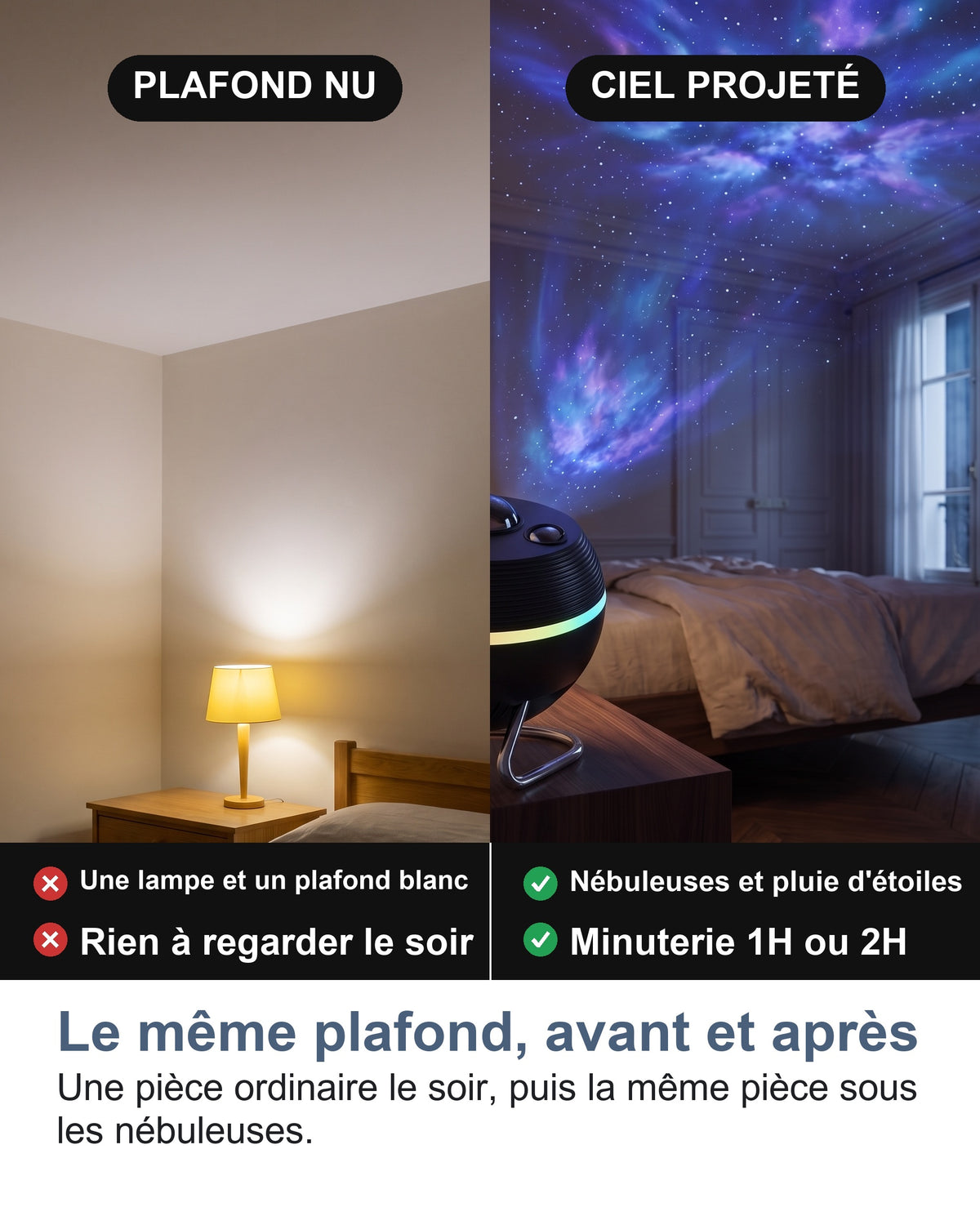 Le même plafond de chambre, nu puis couvert d'étoiles et de nébuleuses