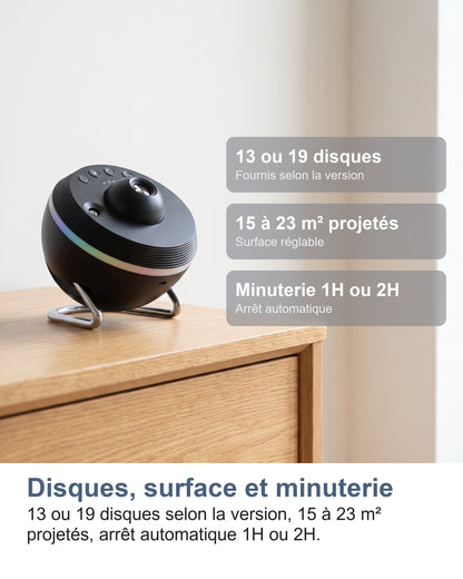 13 ou 19 disques selon la version, 15 à 23 m² projetés, minuterie 1H ou 2H