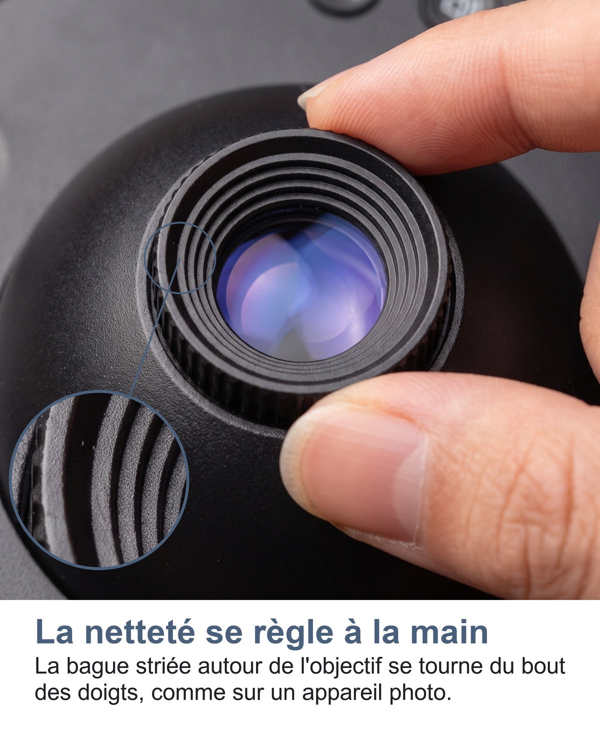 Gros plan sur la bague striée de mise au point tournée à la main