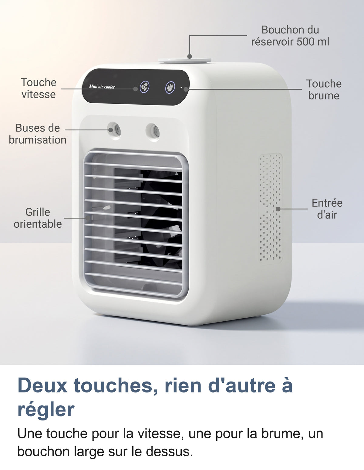 Rafraîchisseur légendé : bouchon du réservoir, touches vitesse et brume, buses, grille orientable et entrée d'air