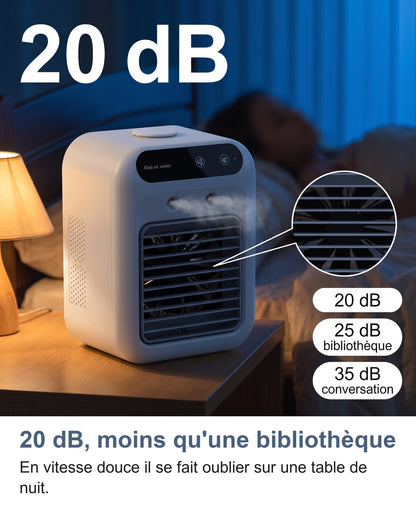 Rafraîchisseur allumé sur une table de nuit, 20 dB comparés à une bibliothèque et à une conversation