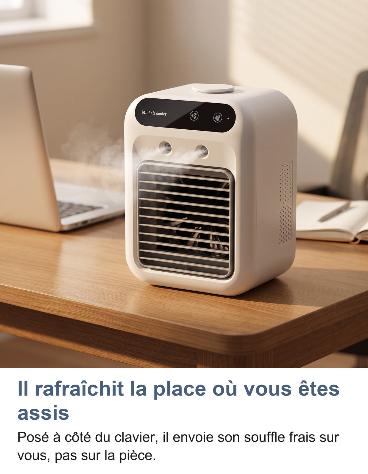 Rafraîchisseur qui brumise sur un bureau à côté d'un ordinateur portable
