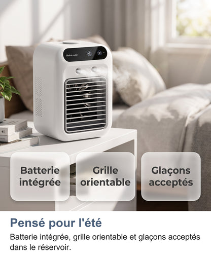 Rafraîchisseur qui brumise sur une étagère de chambre : batterie intégrée, grille orientable, glaçons acceptés