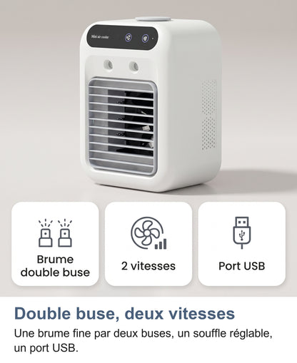 Trois atouts : brume double buse, réglage de la vitesse et port USB