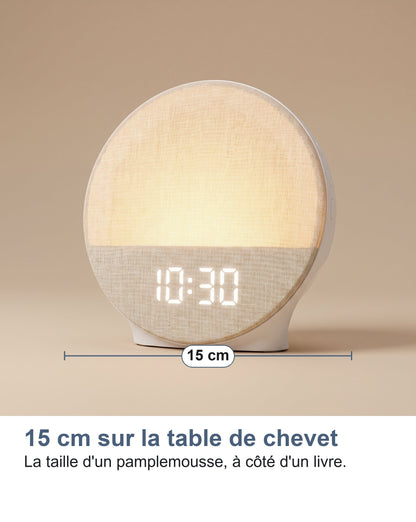 Le réveil simulateur d'aube mesure 15 cm de diamètre