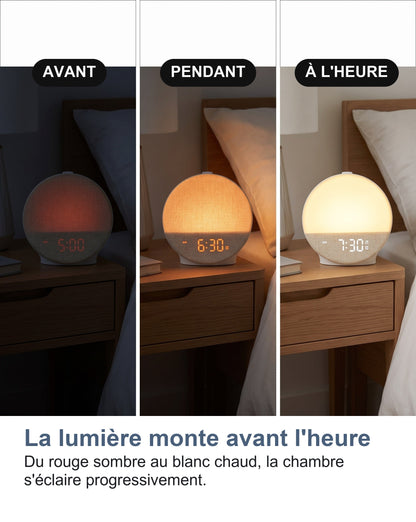 La lumière du réveil simulateur d'aube monte en trois étapes