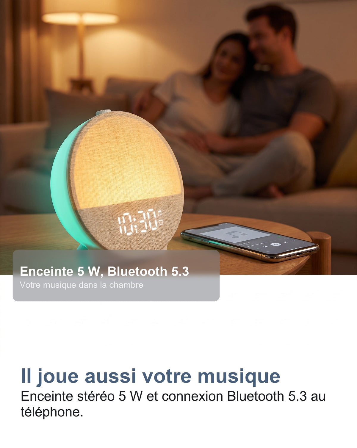 Le réveil joue la musique d'un téléphone en Bluetooth