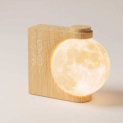 Réveil lumineux en bois avec sphère lune