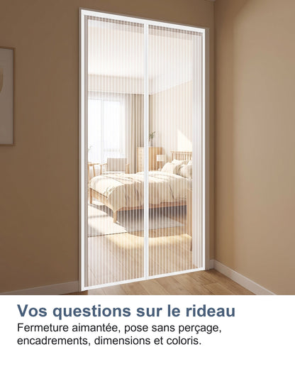 Vos questions sur le rideau Fermeture aimantée, pose sans perçage, encadrements, dimensions et coloris.
