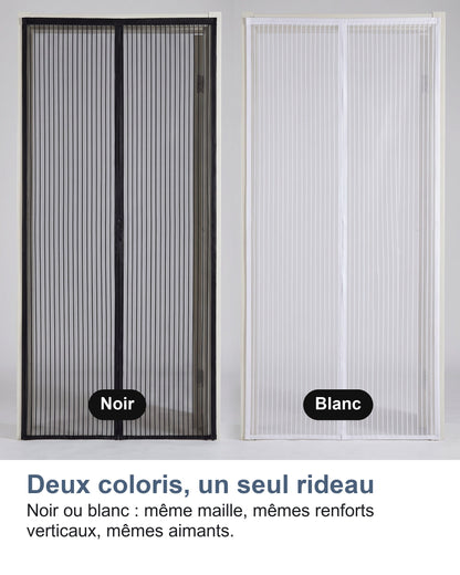 Deux coloris, un seul rideau Noir ou blanc : même maille, mêmes renforts verticaux, mêmes aimants.