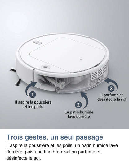 Robot aspirateur en coupe montrant l'aspiration, le lavage et la brumisation