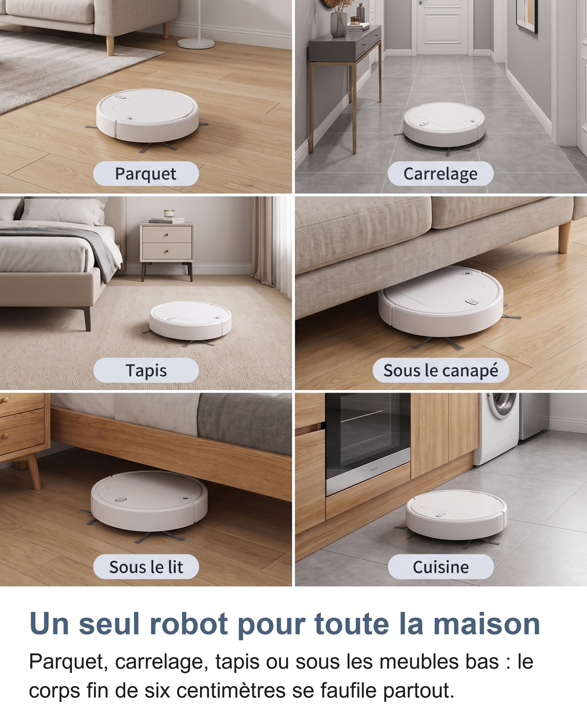 Robot aspirateur circulant sur parquet, carrelage, tapis et sous les meubles
