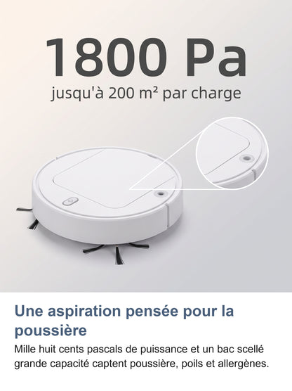 Robot aspirateur avec sa puissance d'aspiration de 1800 Pa et zoom sur le bac