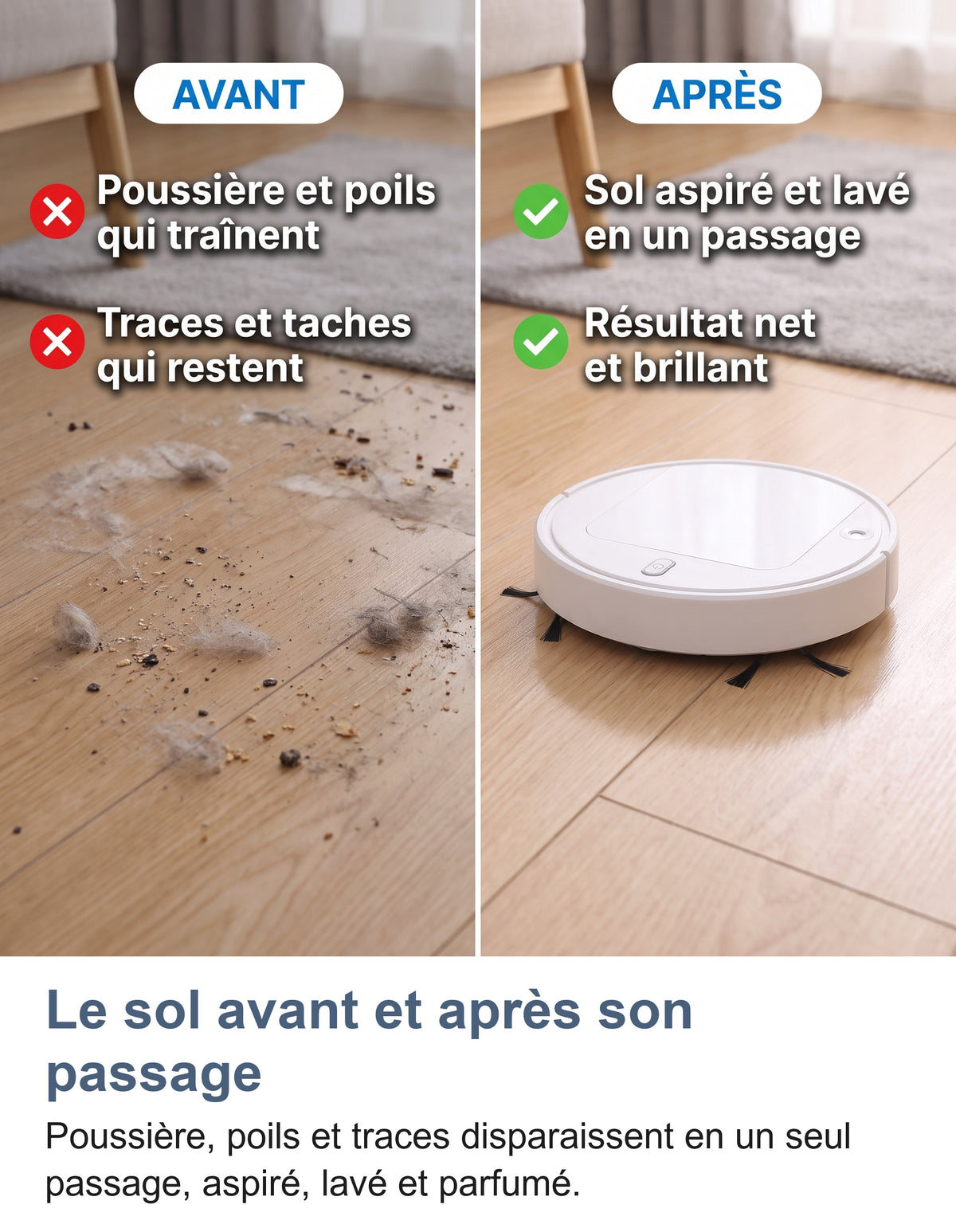 Sol avant et après le passage du robot aspirateur laveur