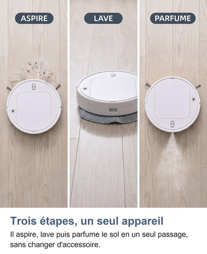 Trois étapes du robot aspirateur laveur : aspire, lave, parfume