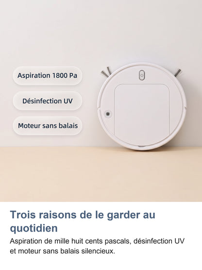 Robot aspirateur avec puces aspiration 1800 Pa, désinfection UV et moteur sans balais